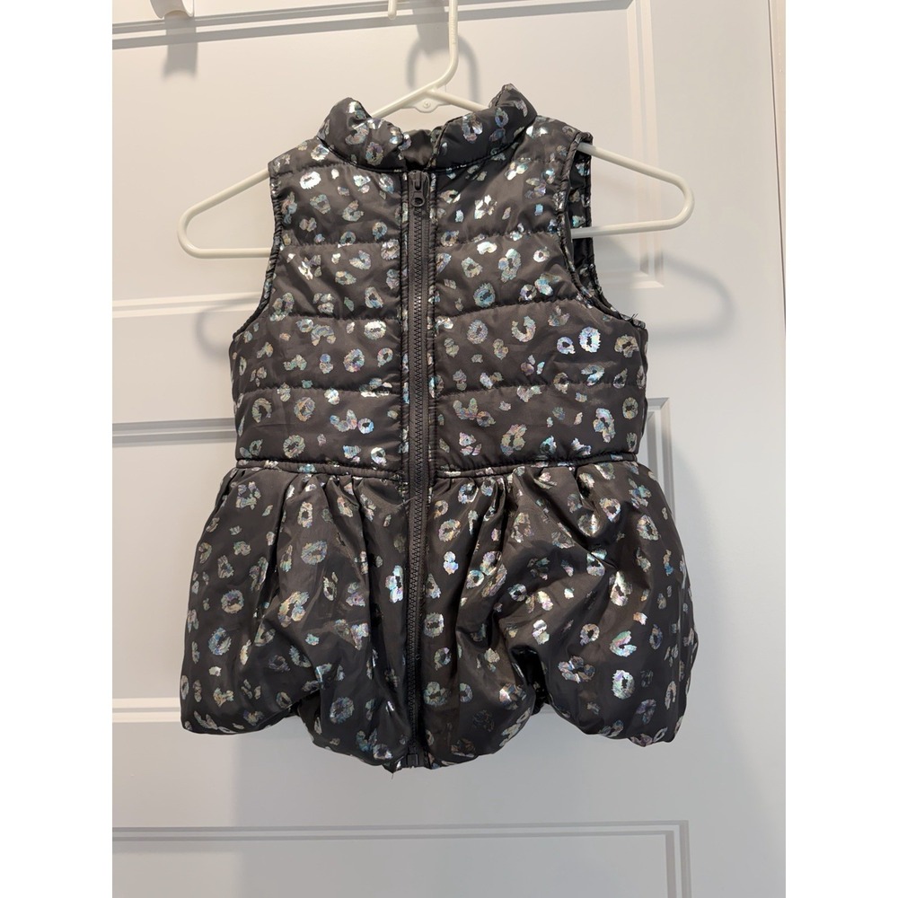 One Step‎ Up Girls Puffer Vest 8/10 Black Iridescent Leopard Zip